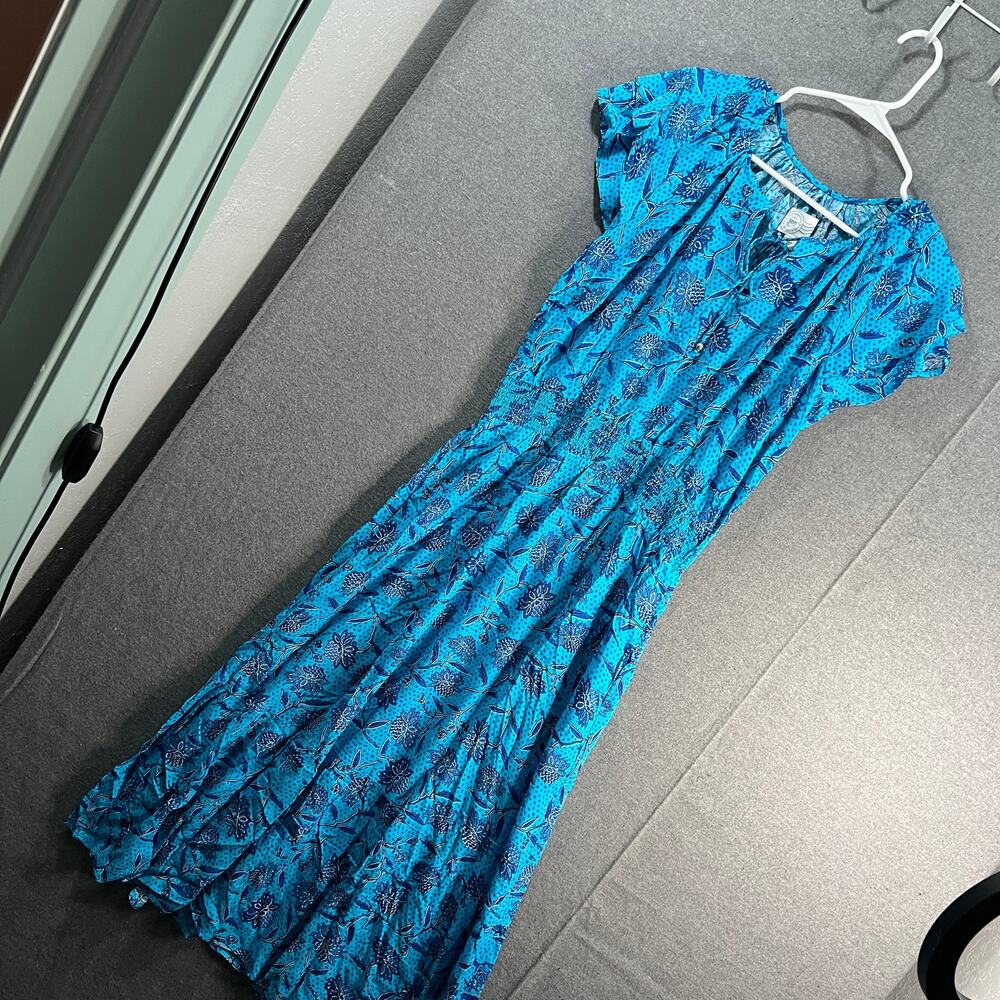Destination 365 Short-Sleeve Midi Dress with Smo Turquoise Floral Size Small